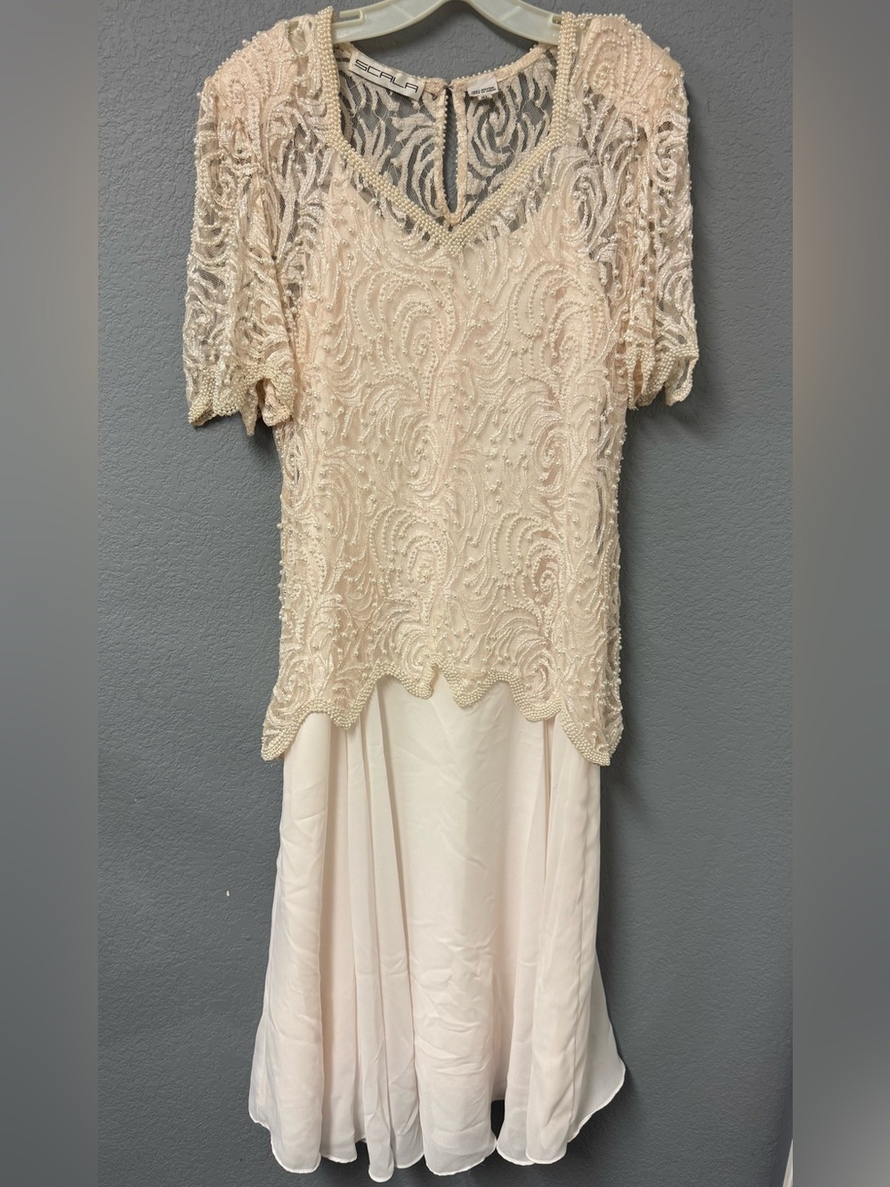 Scala Beaded Lace & Chiffon Dress in Light Blush
